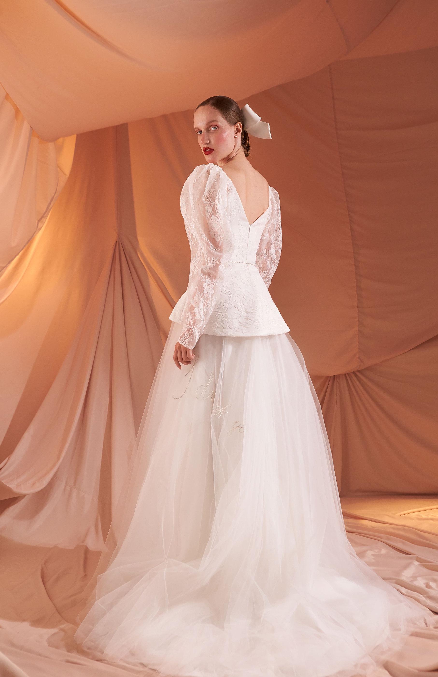 chantilly lace a line wedding dress 44274: A-Line Gown with Chantilly Long Sleeves and Low Cut Keyhole Back