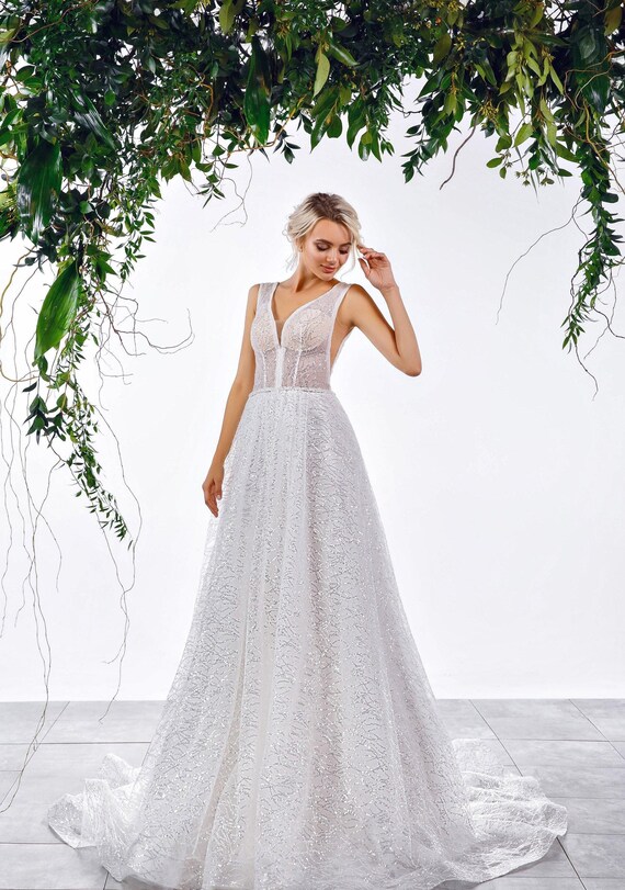 Sequin Wedding Dress: Backless Deep V-neck Lace, Crystal & Pearl Embroidery 