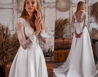 SATIN WEDDING DRESS, Lace Wedding Dress, Boho Wedding Dress, Chantilly Lace Wedding Dress, Long Ruffles Sleeves Gown, Custom Wedding Dress