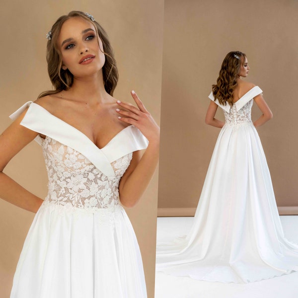 SATIN WEDDING DRESS, Lace Wedding Dress, A-line Wedding Dress, Wedding Dress Floral, Custom Wedding Dress, Handmade Wedding Dress