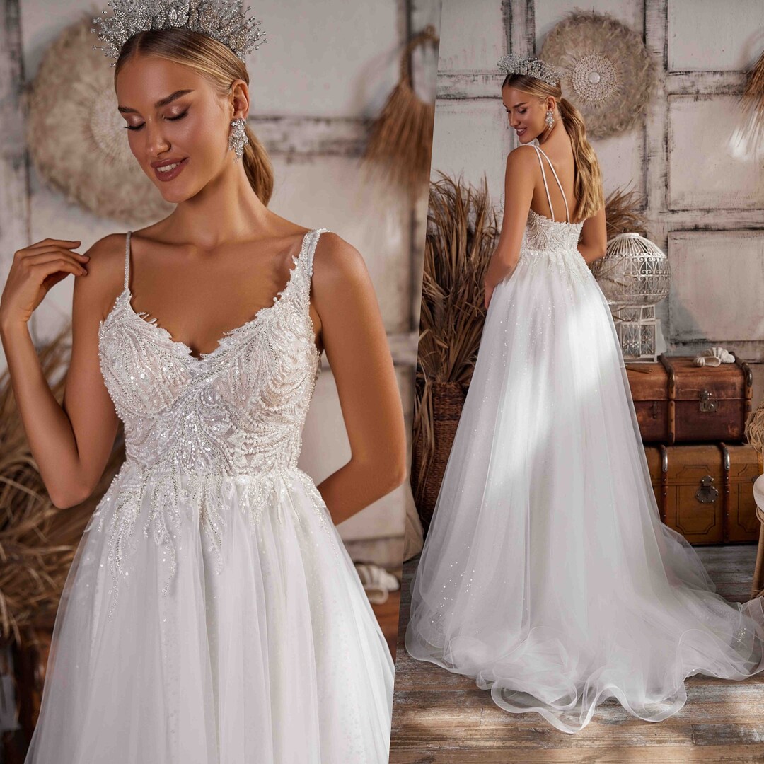 White A-Line Sparkly Sequin Ruffle Skirt Corset Wedding Dress With Slit main image 1