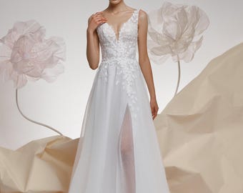 Floral Lace A-Line Wedding Dress: Deep V-Neck Tulle Bridal Gown