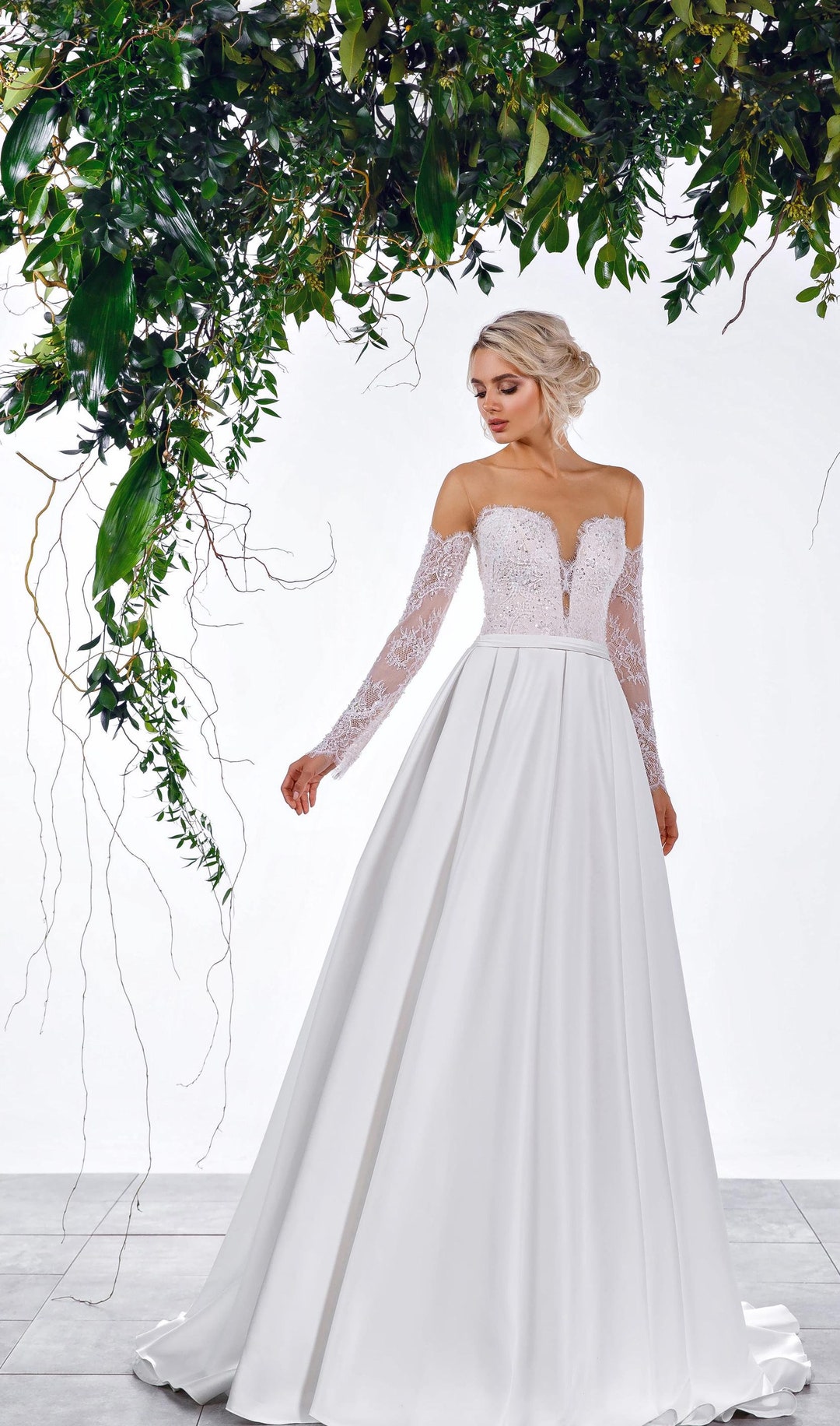 Satin Wedding Dress Lace Wedding Dress Corset Wedding Dress With Long