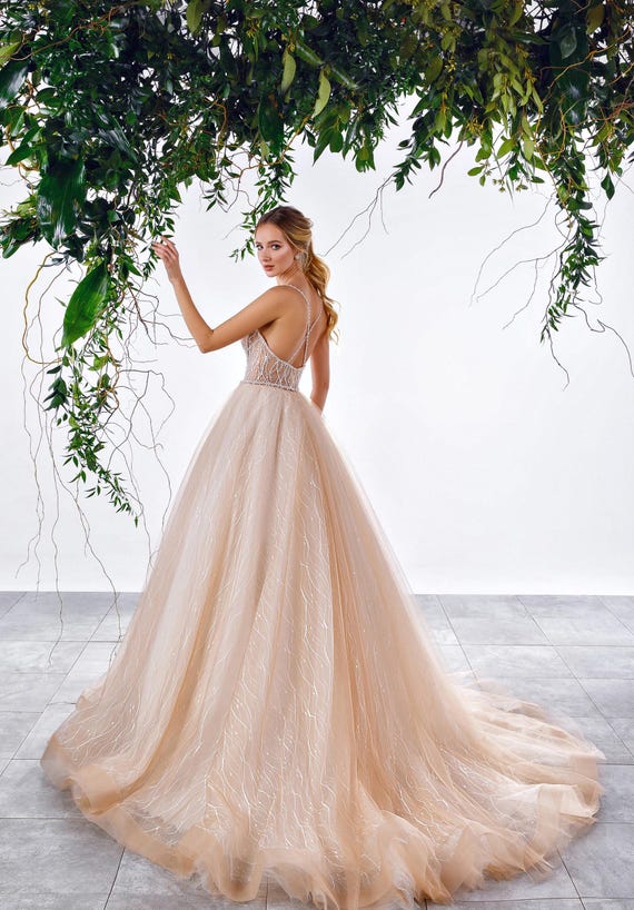 Crystals Embroidered Tulle Wedding Dress: Backless Lace Bridal Gown - Etsy