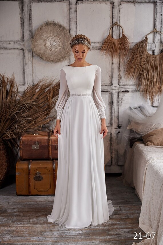Chiffon Wedding Dress Macrame Lace Wedding Dress Boho Sleeves Wedding Dress Silky Chiffon Wedding Dress Backless Custom Wedding Gown Etsy