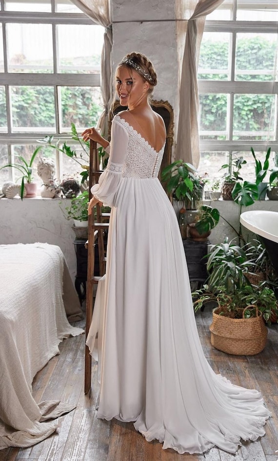 Macram Lace Chiffon Wedding Dress: Boho Deep Neckline Gown - Etsy