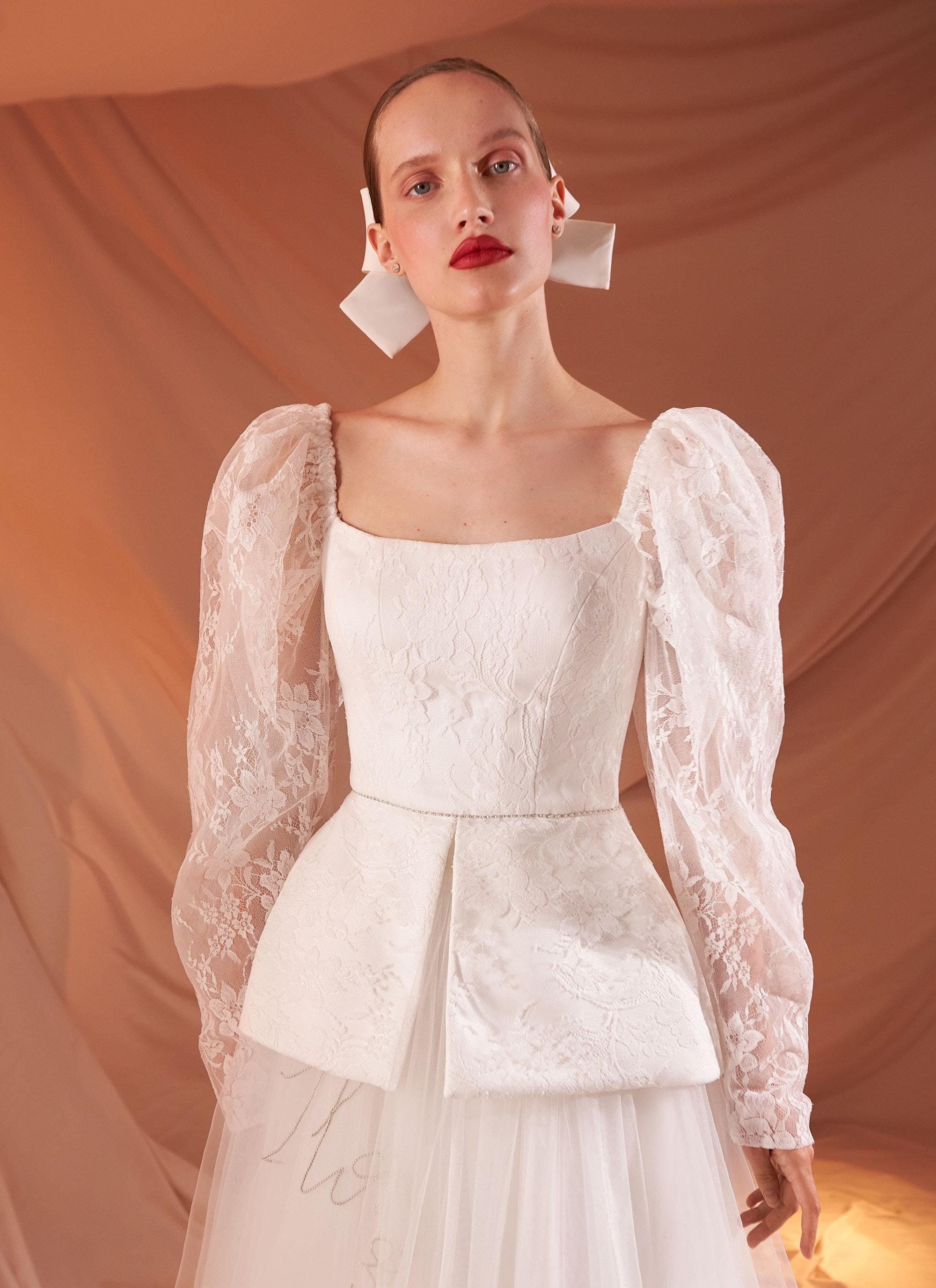 Chantelle Lace Wedding Dress, Tulle A-Line Wedding Gown, Costume Wedding Dress, Square Neck Wedding Gown, Puffy Long Sleeves Wedding Gown