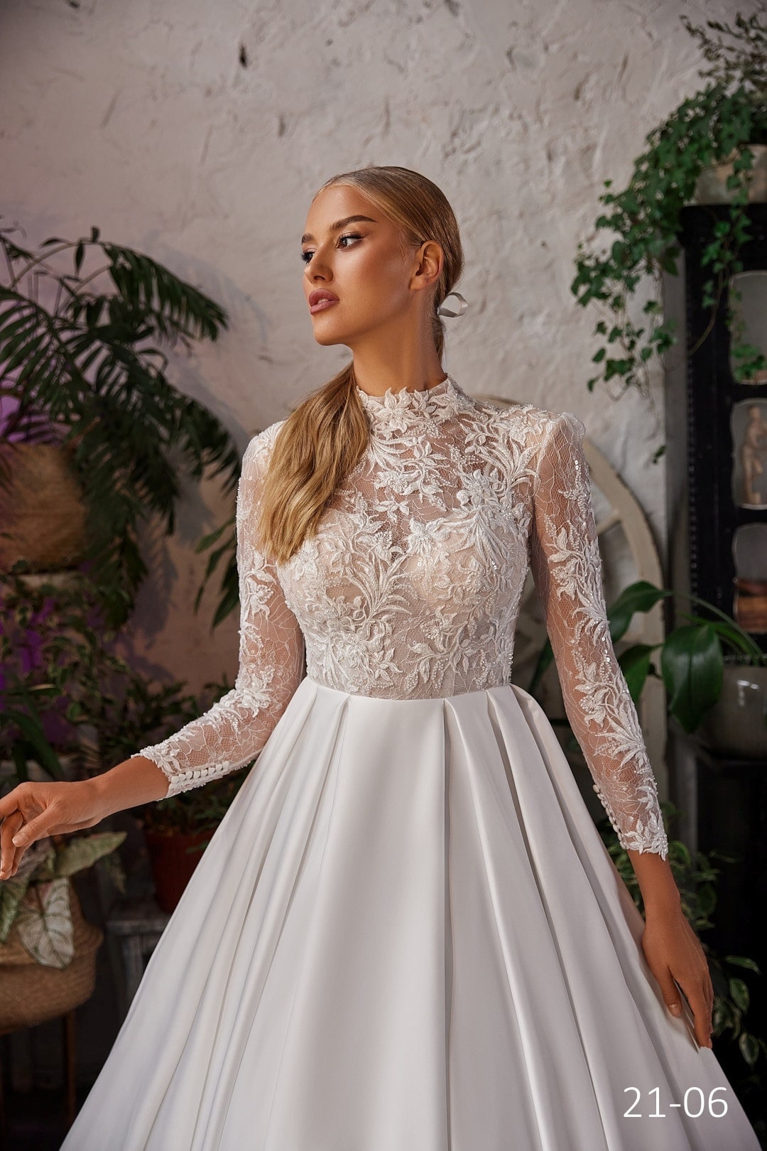 long sleeve lace turtleneck wedding dress Turtleneck Lace Wedding Dress: Satin Ball Skirt, Long Sleeves