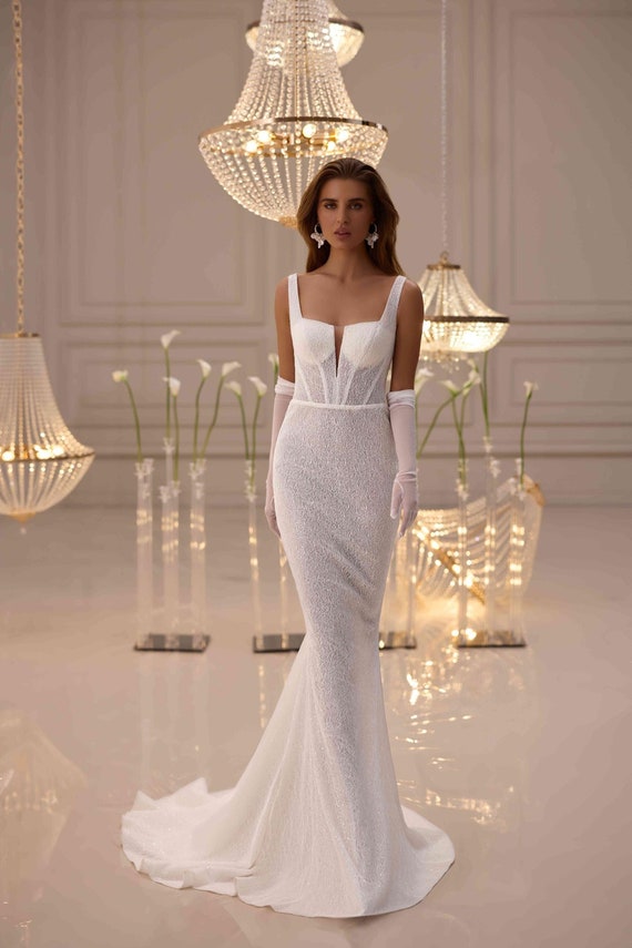 sparkly fitted wedding dresses Cap Sleeves Sparkle Diamond Fit and Flare Wedding Dresses Online