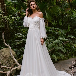 Vestido de novia de seda, vestido de novia decorado con encaje, vestido de novia con corsé y hombros descubiertos, vestido de novia de manga larga, vestido de novia personalizado
