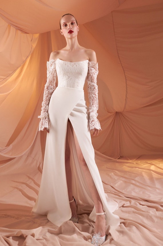 Chantilly Lace Corset Wedding Dress: Long Sleeve Slit Bridal Gown Chantilly Lace Corset Wedding Dress: Long Sleeve Slit Bridal Gown