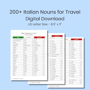 Italian Vocabulary | Learn Italian for Travel | 200+ Nouns with masculine, feminine, plural articles | Language Learning | Digital Download