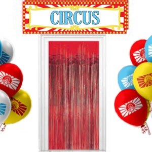 Circus Banner, 24 Circus Balloons and 2 Red Fringe Curtains | CIRCUS Decoration | Carnival Theme Party | Circus and Carnival Sign Variations