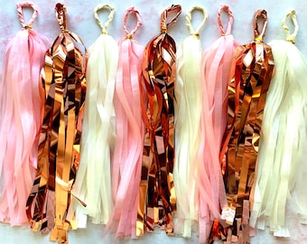 20 ASSEMBLED Rose Gold, Blush and White Tissue Paper Tassel Garland Wholesale Clearance