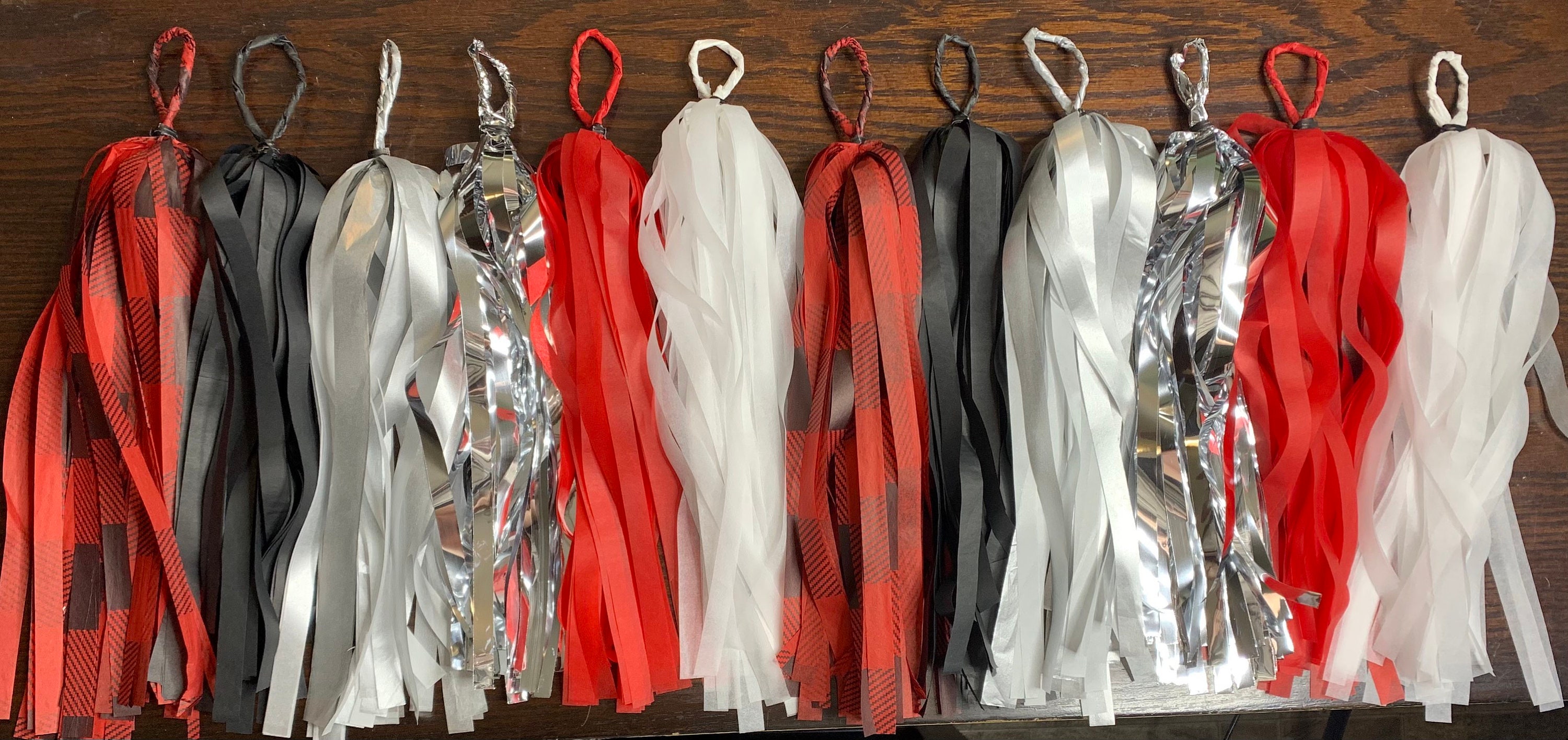 ASSEMBLED TASSEL GARLAND Party Decoration for Lumberjack Party or Ladybug Party Red White Black Silver Tassel Banner Tassle