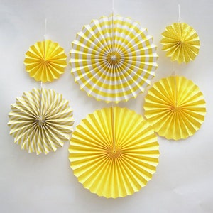 Yellow Paper Fans | Paper Rosettes | Paper Fan Backdrop | Pinwheel Decorations | Above Couch Home Decor