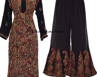 Lucknawi chikankari Black Kurta sharara multicolour thread Chikan work georgette hand work embroidery long Kurta Sharara set  ethnic wear