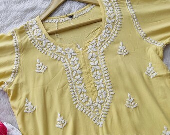 Kurta Dritto Ricamato In Misto Cotone Chikankari Da Donna GoSriKi  STHO Giallo Gslgiallolarge~p136232942