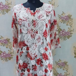 Women Handmade Chikankari Mulmul Cotton Printed Straight Chikankari Kurti Ethnic Wear Lucknowi Chikan Kurta/ Mulmul Cotton Straight Kurti