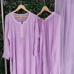 4 Piece Set Women Handmade Mukaish Viscose Ethnic Wear Lucknowi Chikankari Kurta Palazzo Set/ Chikankari Salwar Kameez/ Kurta Sharara Set