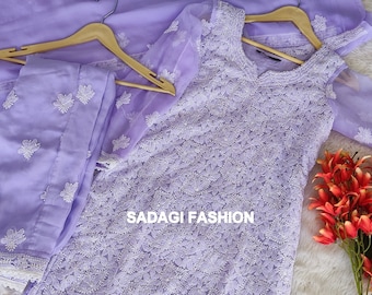 Custom-Made Lavendar Chikankari Georgette Salwar Kameez Set with Dupatta Ethnic Wear Lucknowi Chikankari Full Stitched Suit
