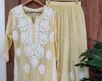 Handmade Lucknowi Chikankari Kurti Palazzo Set - Mulmul Cotton Ethnic Wear