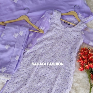 Conjunto feito sob medida de lavendar chikankari georgette salwar kameez com roupa étnica dupatta lucknowi chikankari terno completo costurado