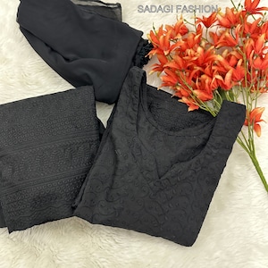 Op maat gemaakte zwarte chikankari-katoen Hacoba Salwar Kameez-set met etnische Dupatta-kleding Lucknowi Chikankari volledig gestikt pak