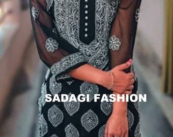 Handmade Lucknowi Chikankari Georgette Kurti, Ethnic Women's Wear