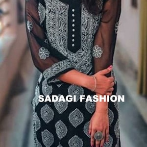 Free Inner Diwali Special Women Handmade Lucknawi Chikankari Kurti Ethnic Festive Wear Chikan Kurta Handcrafted Georgette Kurti with Inner