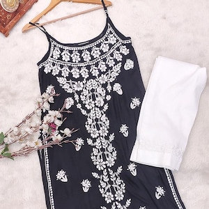 Preto feito à mão chikankari modal com tiras kurta conjunto de calça étnica wear lucknowi chikan salwar kameez vestido/chikankari kurta/conjunto de vestido chikan