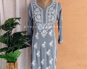 Women Handmade Chikankari Rayon Kurta Ethnic Wear Lucknowi Kurti / Chikankari Kurta/Chikan Dress / Rayon Straight Kurta