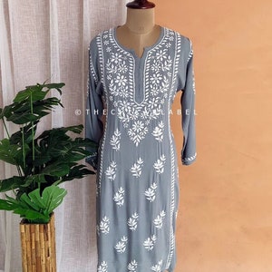 Women Handmade Chikankari Rayon Kurta Ethnic Wear Lucknowi Kurti / Chikankari Kurta/Chikan Dress / Rayon Straight Kurta