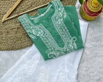 Green Chikankari Kurta Sharara Set, Lucknowi Ethnic Wear