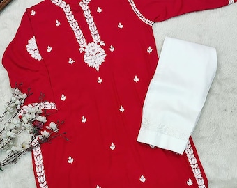 Red Chikankari Kurta Pant Set - Lucknowi Embroidered Rayon Dress