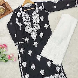 Black Handmade Chikankari Rayon Kurta Palazzo Set Ethnic Wear Lucknowi Chikan Salwar Kameez Dress/ Chikankari Kurti/ Chikan Dress set