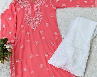 Peach Chikankari Kurta Sharara Set, Lucknowi Ethnic Wear