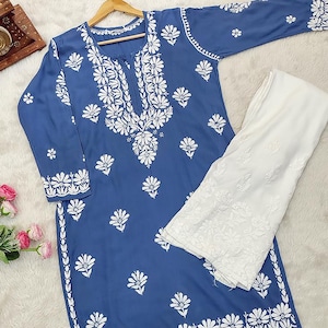 Blue Handmade Chikankari Rayon Kurta Palazzo Set Ethnic Wear Lucknowi Chikan Salwar Kameez Dress/ Chikankari Kurti/ Chikan Dress set