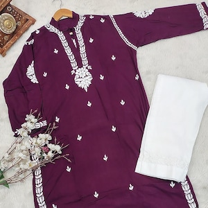 Mauve Handmade Chikankari Rayon Kurta Pant Set Ethnic Wear Lucknowi Chikan Salwar Kameez Dress Mandarian Collar Chikankari Kurta
