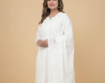 Dupatta Chikankari blanca hecha a mano en tela georgette / Dupatta tradicional con trabajo Tepchi