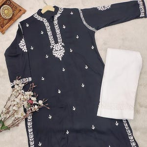 Black Handmade Chikankari Rayon Kurta Pant Set Ethnic Wear Lucknowi Chikan Salwar Kameez Dress Mandarian Collar Chikankari Kurta