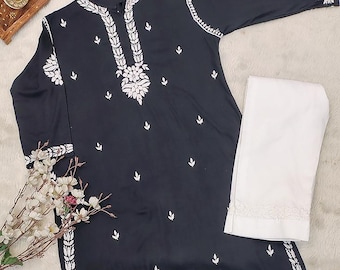 Black Rayon Chikankari Kurta Pant Set, Lucknowi Ethnic Wear