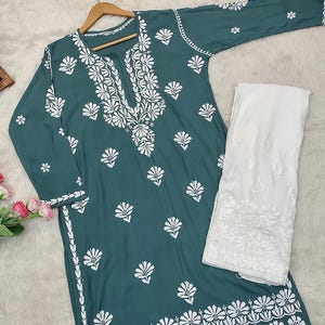 Green Handmade Chikankari Rayon Kurta Palazzo Set Ethnic Wear Lucknowi Chikan Salwar Kameez Dress/ Chikankari Kurti/ Chikan Dress set