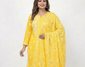 Dupatta Chikankari amarilla hecha a mano en tela georgette / Dupatta tradicional con trabajo Tepchi