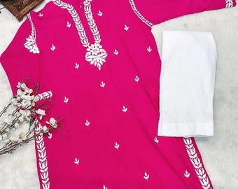 Pink Rayon Chikankari Kurta Pant Set - Lucknowi Ethnic Wear