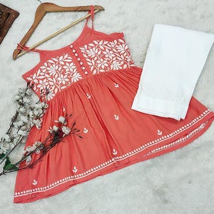 Laranja artesanal chikankari modal com tiras kurta conjunto de calças étnicas lucknowi chikan salwar kameez vestido/chikankari kurta/vestido chikan