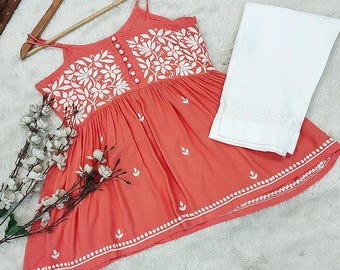 Orange Handmade Chikankari Modal Strappy Kurta Pant Set Ethnic Wear Lucknowi Chikan Salwar Kameez Dress/ Chikankari Kurta/ Chikan Dress