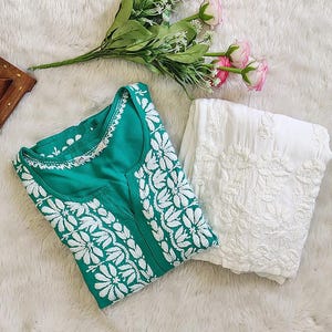 Green Handmade Chikankari Rayon Kurta Palazzo Set Ethnic Wear Lucknowi Chikan Salwar Kameez Dress/ Chikankari Kurti/ Chikan Dress set
