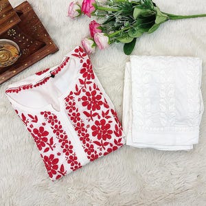 Vermelho artesanal chikankari modal algodão kurta conjunto de calça étnica wear lucknowi chikan salwar kameez vestido/chikankari kurta/chikan vestido conjunto