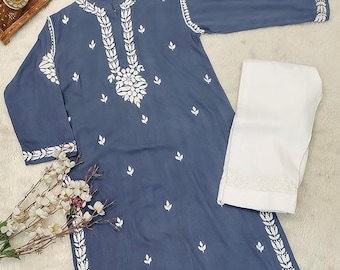 Grey Rayon Kurta Pant Set: Handmade Lucknowi Chikankari Dress